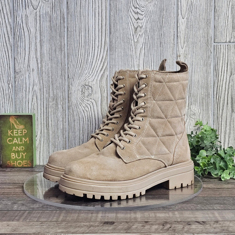 Alberto Torresi Quilted Taupe Suede Lace Up‎ Combat Boots Chunky Sole EU 39